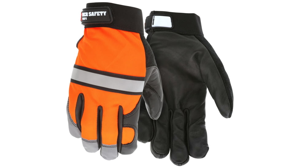 MCR Safety Mechanics Gloves, Premium Grain Cow Palm, Hi-Vis Back, Reflective Knuckle Stripe and Fingertips, Black, X - Large, 921XL