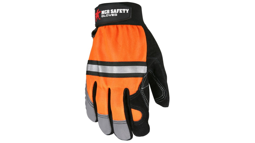 MCR Safety Mechanics Gloves, Reinforced Double Palm, Hi-Vis Back, Reflective Knuckle Strip and Fingertips, Black, X - Large, 911DPXL