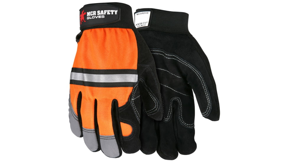 MCR Safety Mechanics Gloves, Reinforced Double Palm, Hi-Vis Back, Reflective Knuckle Strip and Fingertips, Black, X - Large, 911DPXL