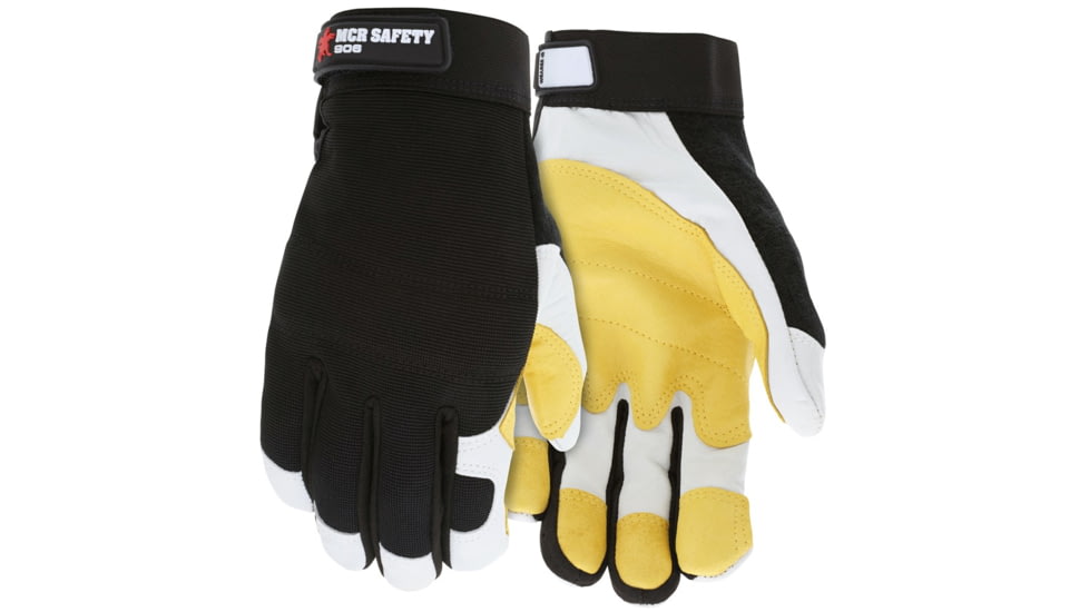 MCR Safety Mechanics Gloves, Reinforced Thumb Crotch, Rugged Grain Goatskin with Double Palm, White and Gold, X - Large, 906XL
