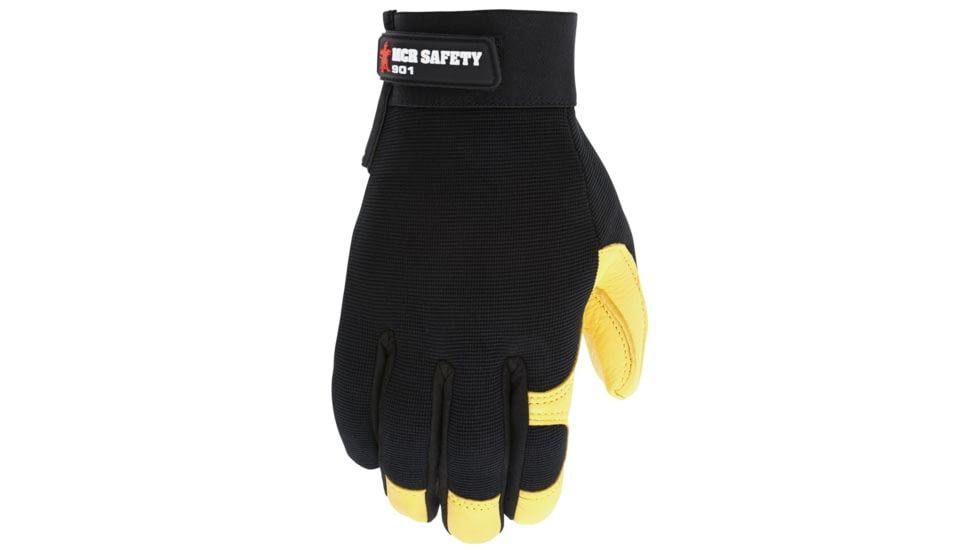 MCR Safety Mechanics Gloves, Supple Grain Deerskin Palm, Adjustable Hook and Loop Wrist Closure, Flexible and Breathable Spandex Back, Gold, Medium, 901M