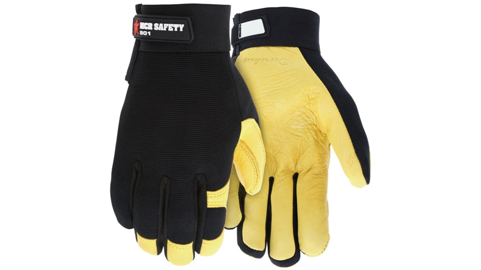 MCR Safety Mechanics Gloves, Supple Grain Deerskin Palm, Adjustable Hook and Loop Wrist Closure, Flexible and Breathable Spandex Back, Gold, Medium, 901M