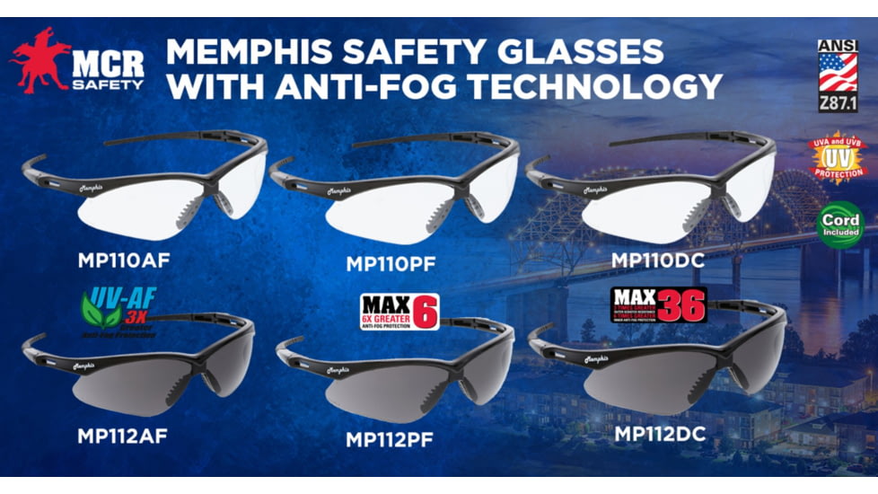 MCR Safety Memphis Series Safety Glasses, MAX36 Anti-Fog / Anti-Scratch Coating, Wrap Around Lens Design, Gray, One Size, MP112DC