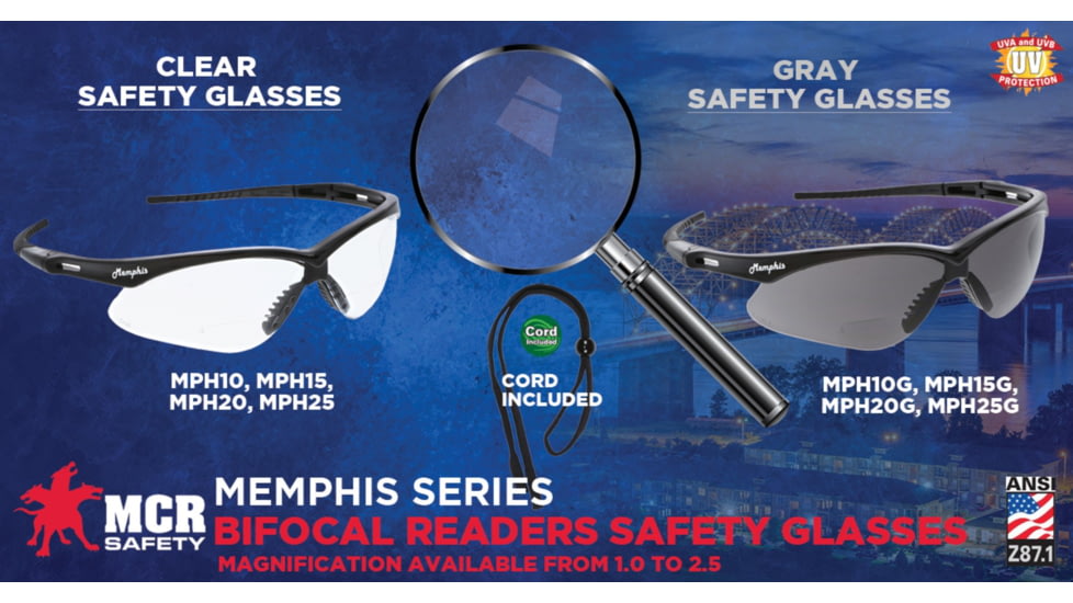 MCR Safety MPH25 Memphis Series Bifocal Readers Safety Glasses, 1.5 Diopter Lenses, Wrap Around Lens Design, Clear, One Size, MPH25