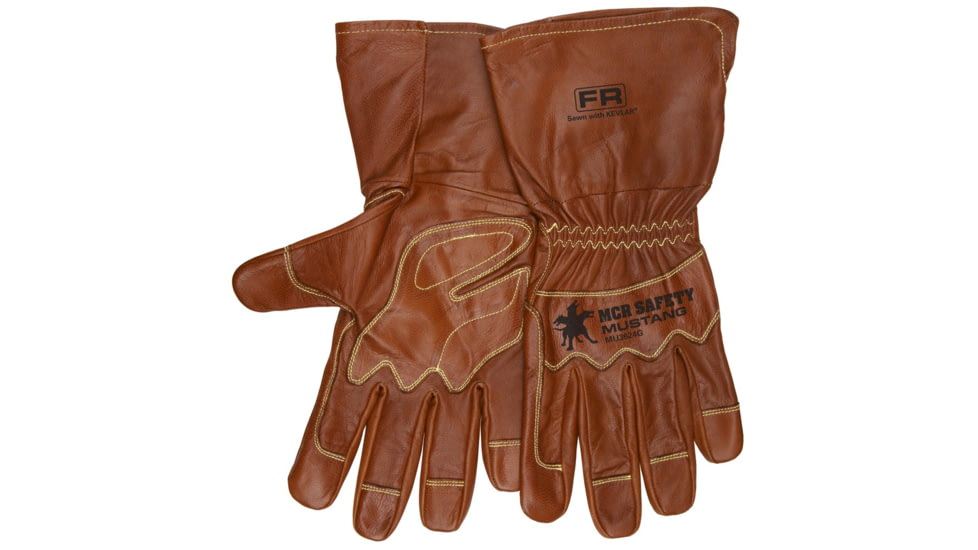 MCR Safety Mustang Leather Drivers Utility Work Gloves, Grain Goat Double Palm, Unlined, Sewn with DuPont Kevlar, Extended Gauntlet Cuff and Wing Thumb, Brown, X - Large, MU3624GXL