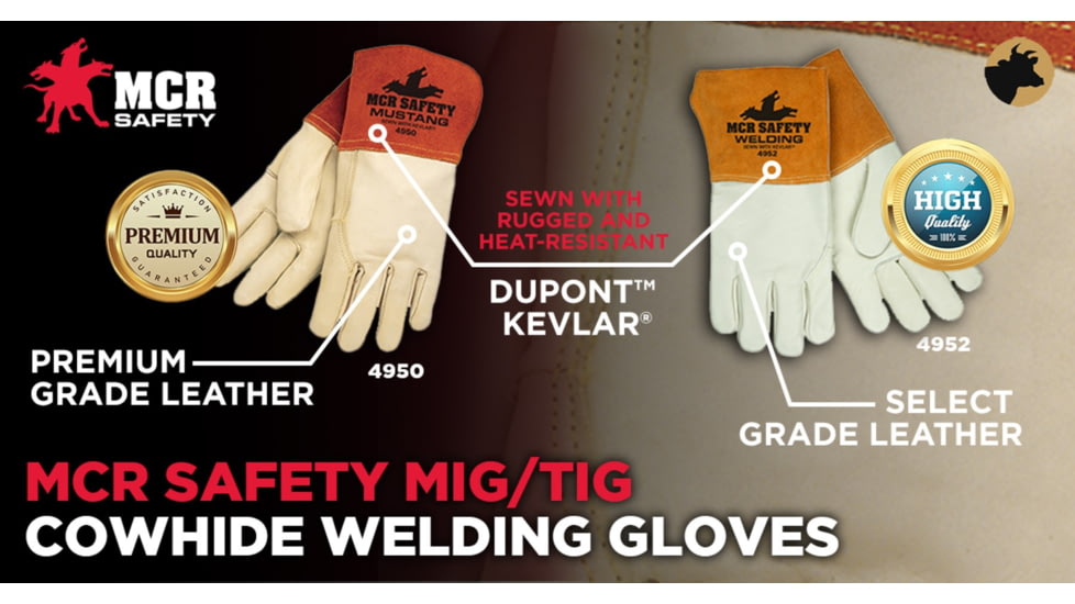 MCR Safety Mustang Leather Welding Work Gloves, Premium Top Grain Cowskin Leather, 4.5in Split Leather Gauntlet Cuff, Beige and Russet, Large, 4950L