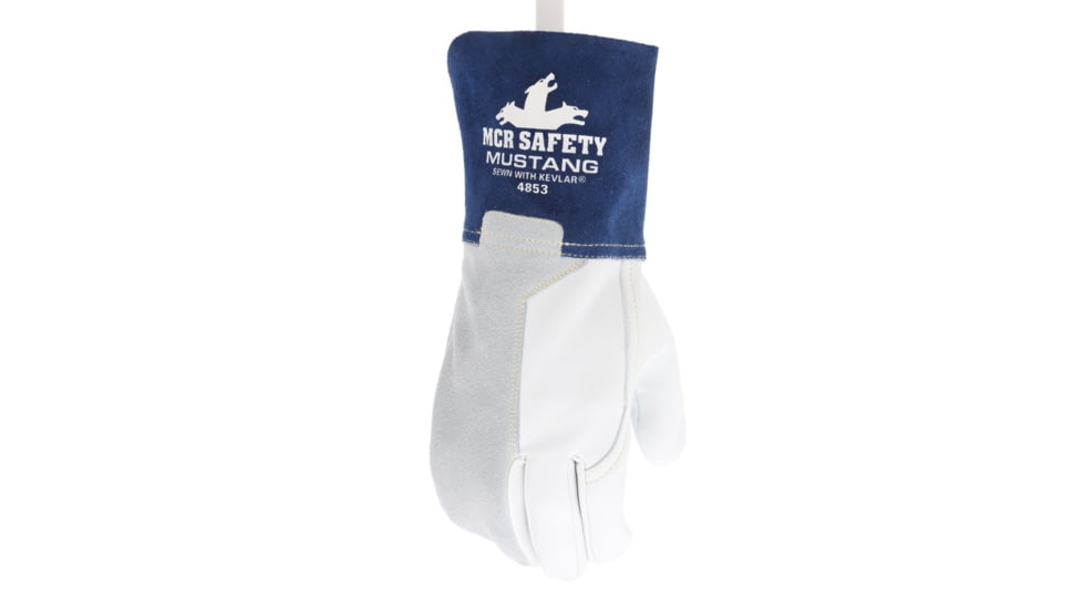 MCR Safety Mustang Leather Welding Work Gloves, Premium Top Grain Goatskin Leather, 4in Split Cowskin Leather Cuff, White Gray and Blue, Small, 4853S
