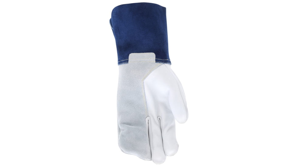 MCR Safety Mustang Leather Welding Work Gloves, Premium Top Grain Goatskin Leather, 4in Split Cowskin Leather Cuff, White Gray and Blue, Small, 4853S