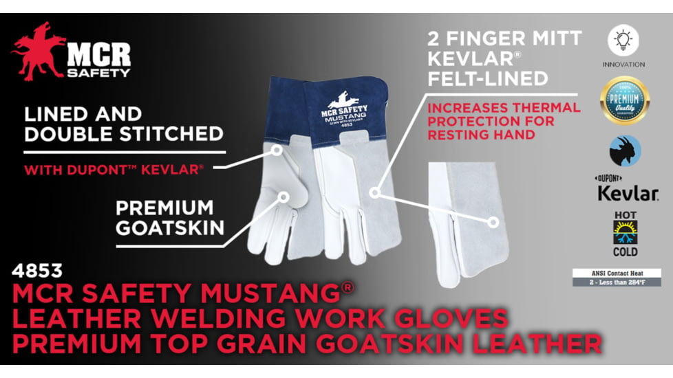 MCR Safety Mustang Leather Welding Work Gloves, Premium Top Grain Goatskin Leather, 4in Split Cowskin Leather Cuff, White Gray and Blue, Small, 4853S