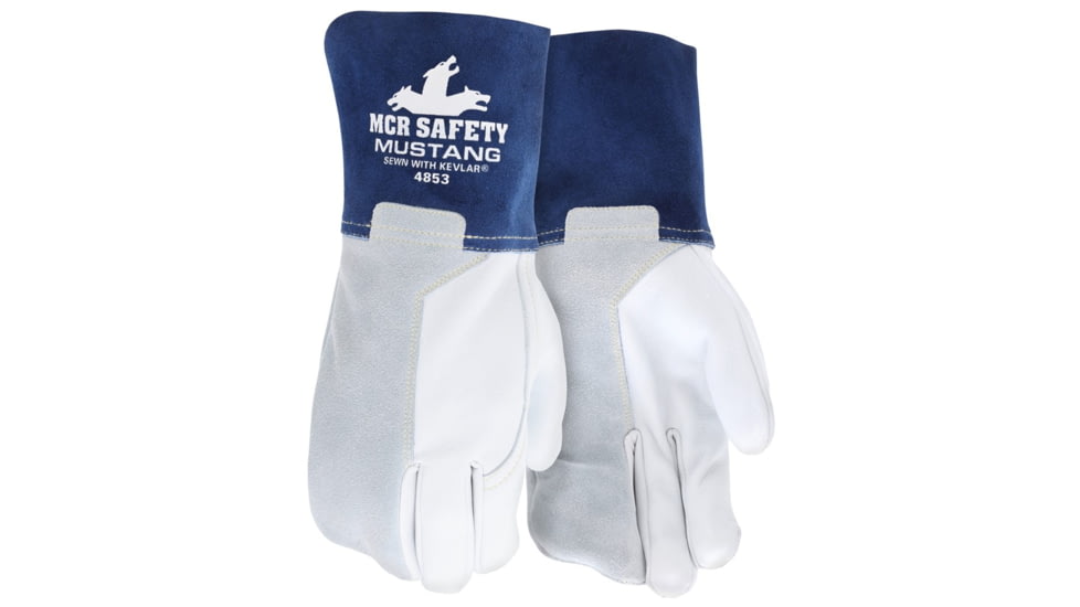 MCR Safety Mustang Leather Welding Work Gloves, Premium Top Grain Goatskin Leather, 4in Split Cowskin Leather Cuff, White Gray and Blue, Small, 4853S