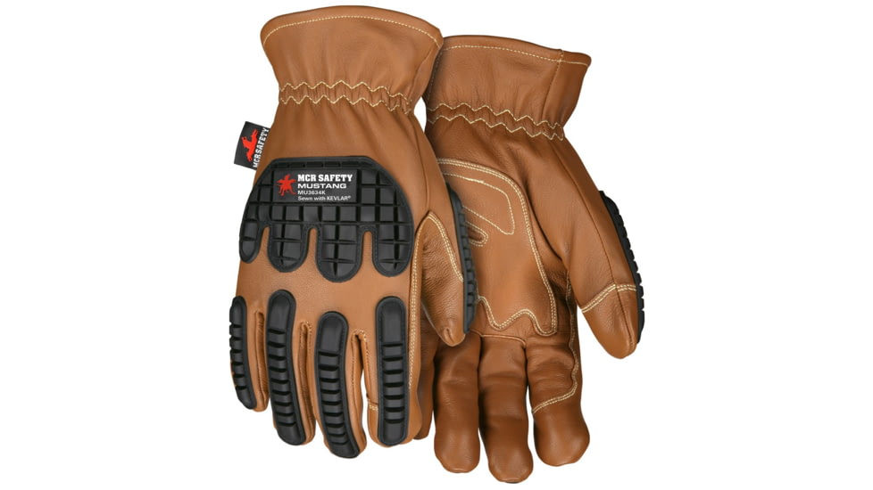 MCR Safety Mustang Utility Leather Drivers Work Gloves, Grain Goat Double Palm, Lined and Sewn with DuPont Kevlar, ANSI Impact Level 1 Back of Hand Protection, Chocolate, Large, MU3634KL