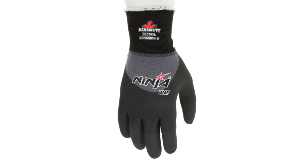 MCR Safety Ninja BNF Work Gloves, 15 Gauge Nylon/Spandex Shell, NFT Coated Over the Knuckle, Black/Gray, Large, N96793L
