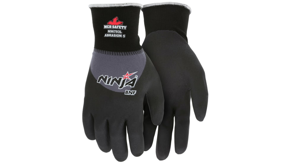 MCR Safety Ninja BNF Work Gloves, 15 Gauge Nylon/Spandex Shell, NFT Coated Over the Knuckle, Black/Gray, Large, N96793L