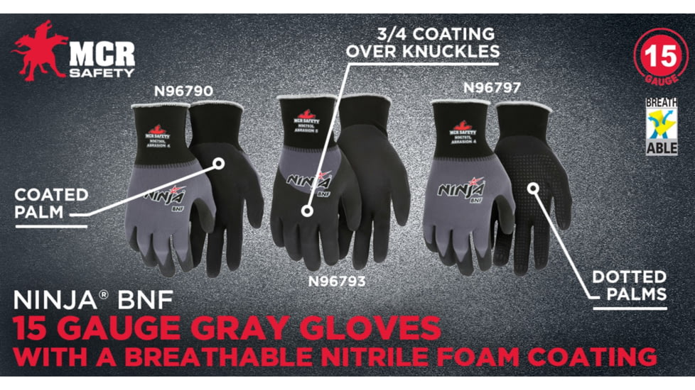 MCR Safety Ninja BNF Work Gloves, 15 Gauge Nylon/Spandex Shell, NFT Coated Over the Knuckle, Black/Gray, Large, N96793L