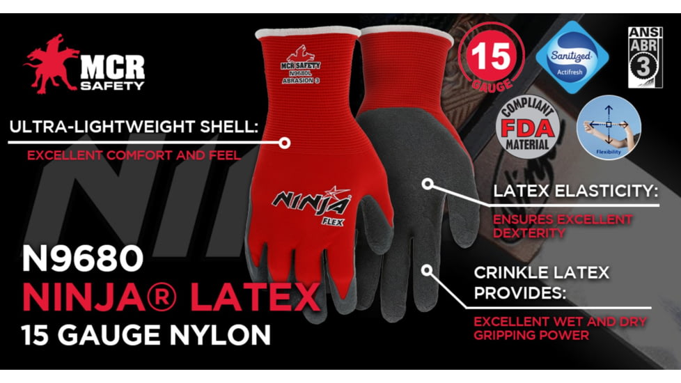MCR Safety Ninja Flex Work Gloves, 15 Gauge Nylon Shell, Latex Coated Palm and Fingertips, Gray/Red, Medium, N9680M