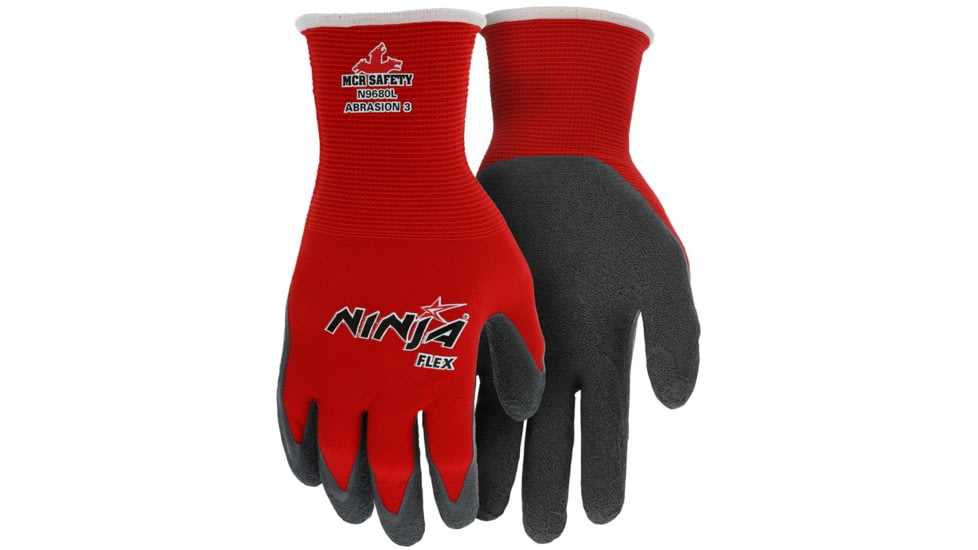 MCR Safety Ninja Flex Work Gloves, 15 Gauge Nylon Shell, Latex Coated Palm and Fingertips, Gray/Red, Medium, N9680M