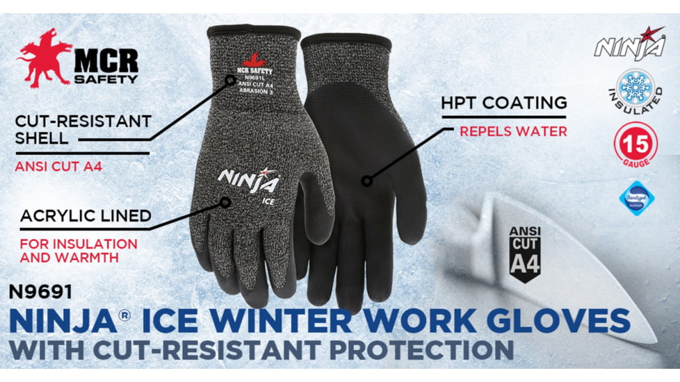 MCR Safety Ninja Ice Insulated Cut Resistant Work Gloves, 15 Gauge Nylon with Acrylic Terry Interior, Black, Medium, N9691M