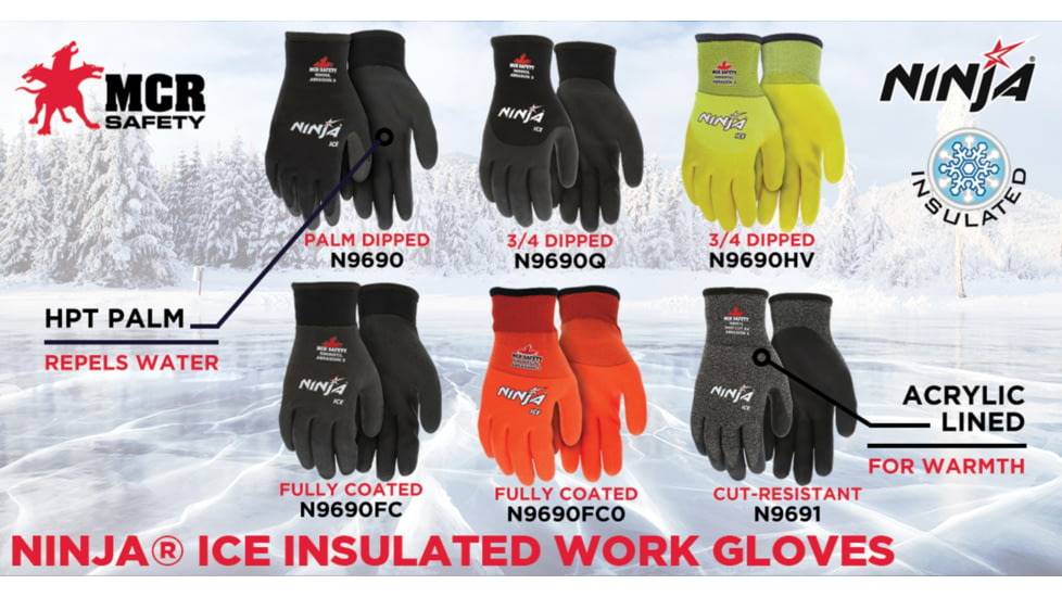 MCR Safety Ninja Ice Insulated Work Gloves, Hi-Vis 15 Gauge Lime Nylon with Acrylic Terry Interior, Over The Knuckle Coated with HPT, Hi-Vis Lime, Medium, N9690HVM