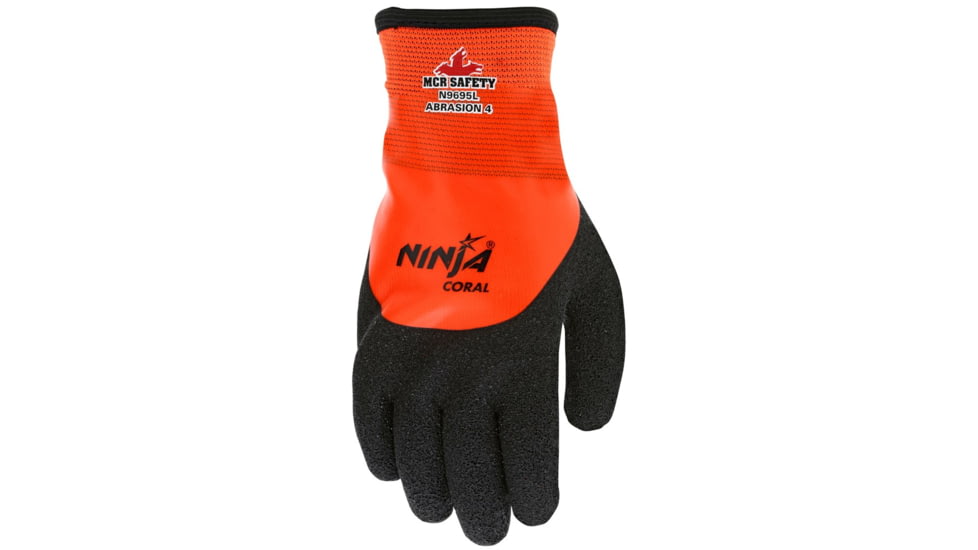 MCR Safety Ninja Work Gloves, 15 Gauge Nylon Shell, 7 Gauge Acrylic Terry Interior, Rough Over the Knuckle Outer Dip, Black/Orange, Large, N9695L