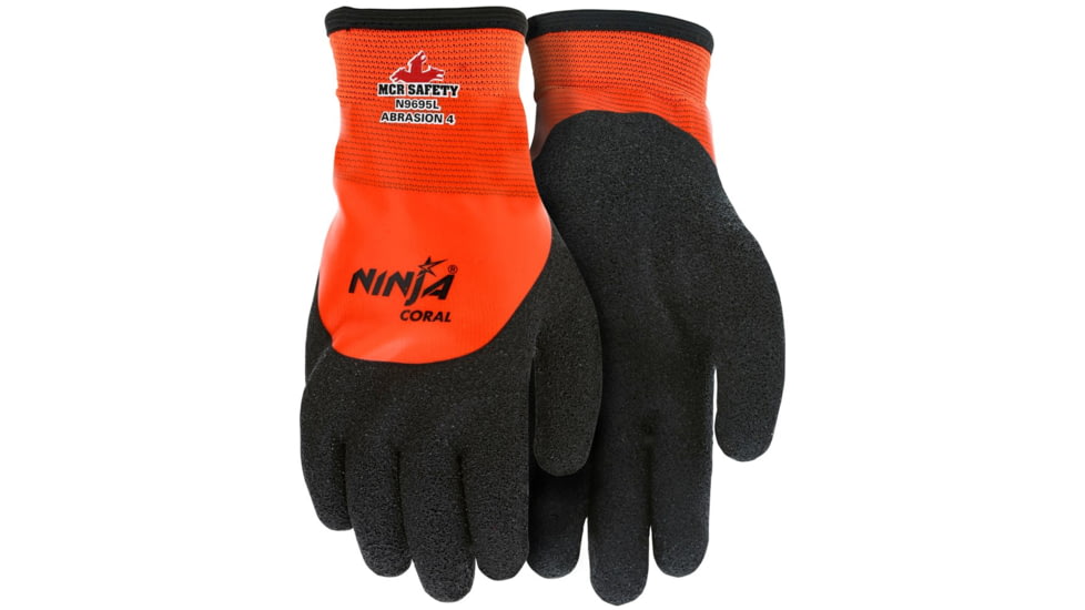 MCR Safety Ninja Work Gloves, 15 Gauge Nylon Shell, 7 Gauge Acrylic Terry Interior, Rough Over the Knuckle Outer Dip, Black/Orange, Large, N9695L