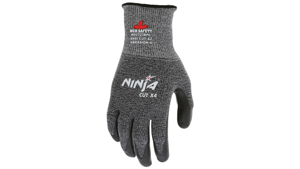 MCR Safety Ninja X4 Work Gloves, 13 Gauge HyperMax Shell, Bi-Polymer Coated Palm and Fingertips, Black/Salt and Pepper, X - Large, N92723BPXL