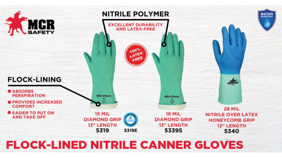 MCR Safety Nitri-Chem Flock Lined Nitrile Gloves, Industrial Grade, 13in Length, 18 mil Thickness, Green, XX - Large, 5331S