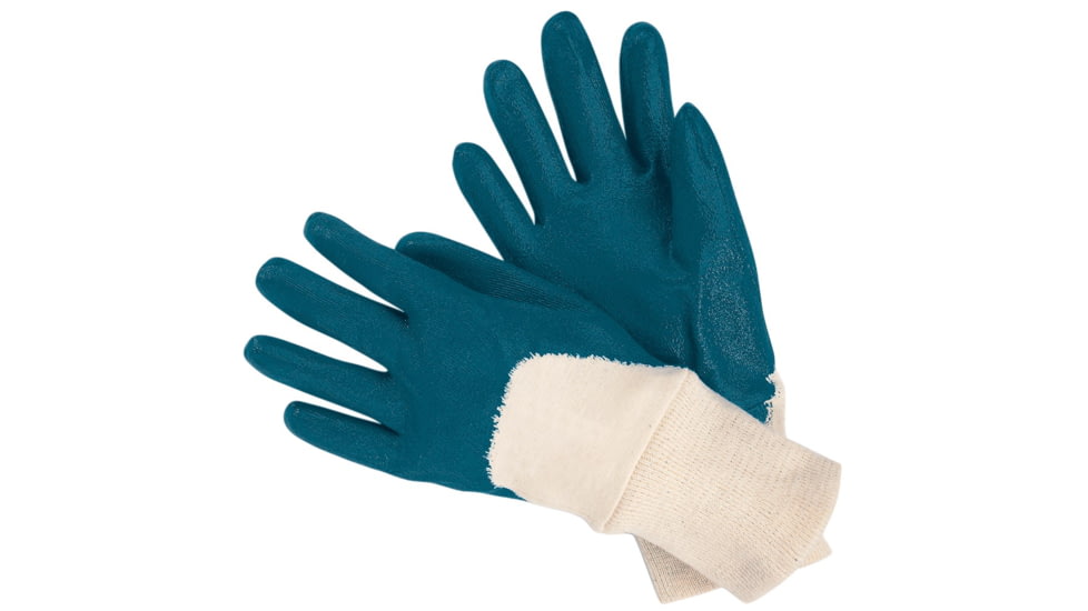 MCR Safety Nitrile Coated Work Gloves, Palm and Over the Knuckle Coating, Knit Wrist and Soft Interlock Lining, Industry Standard, Blue/Natural, Small, 97980S