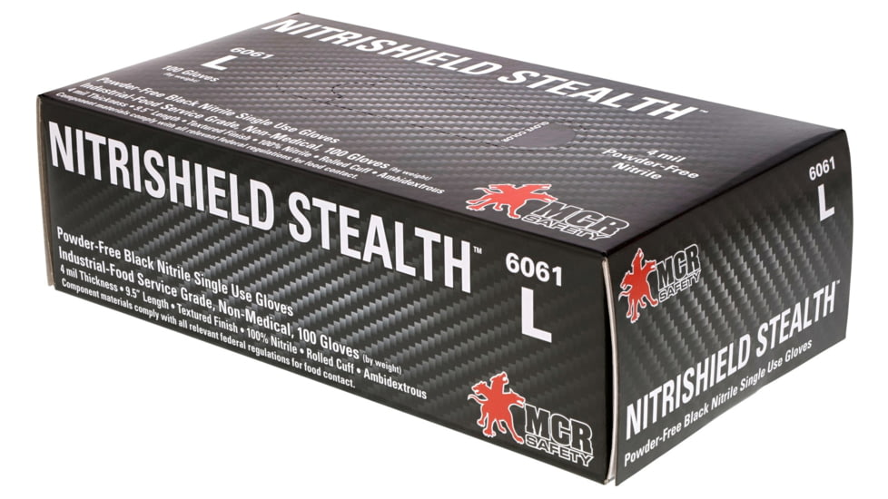 MCR Safety NitriShield Stealth Disposable Nitrile Gloves, Powder Free Industrial Food Service Grade, 9.5in Length, 4 mil Thickness, Black, XX - Large, 6061XXL