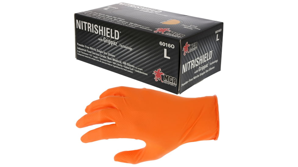 MCR Safety NitriShield with Grippaz Technology Disposable Nitrile Gloves, Powder Free Industrial Food Service Grade, 9.5in Length, 6 mil Thickness, Orange, XX - Large, 6016OXXL