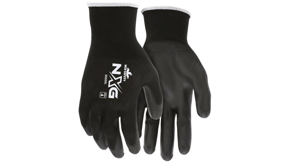 MCR Safety NXG Work Gloves, 13 Gauge Polyester Shell, PU Palm and Fingertips, Black, Small, 96699S