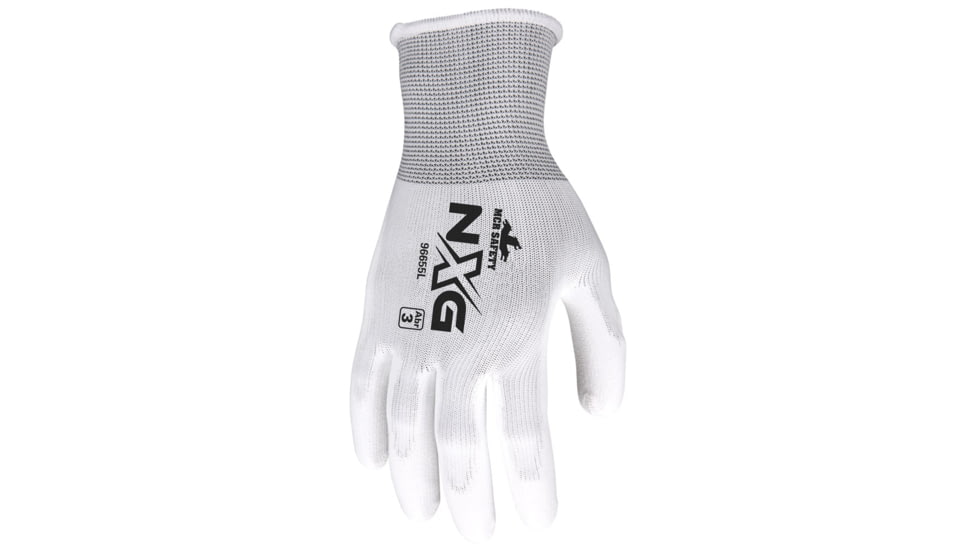 MCR Safety NXG Work Gloves, 13 Gauge Polyester Shell, PU Palm and Fingertips, White, Medium, 96655M