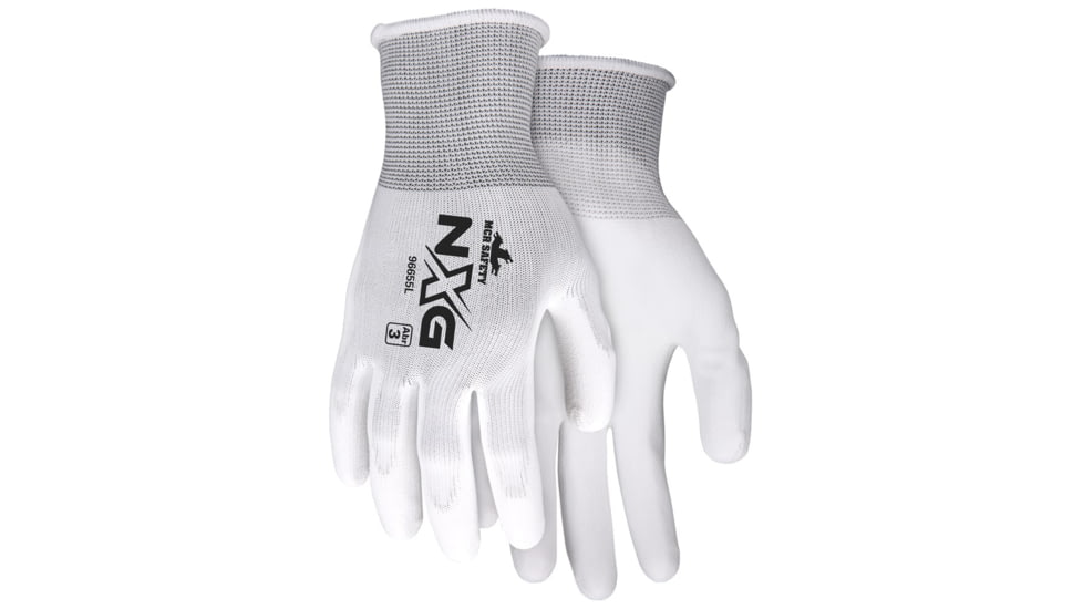 MCR Safety NXG Work Gloves, 13 Gauge Polyester Shell, PU Palm and Fingertips, White, Medium, 96655M