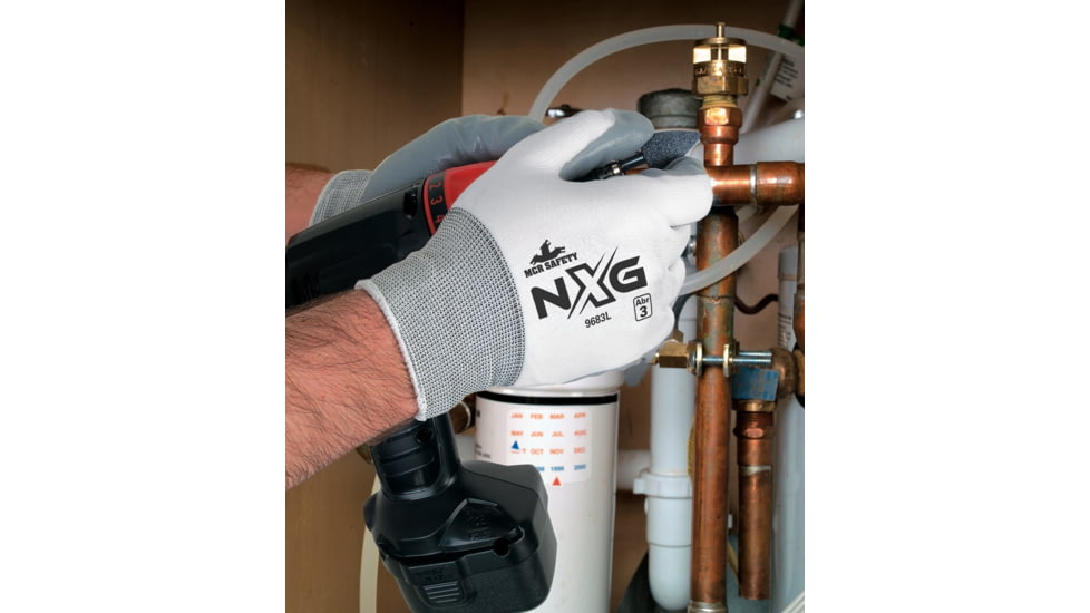 MCR Safety NXG Work Gloves, 15 Gauge Nylon Shell, Nitrile Coated Palm and Fingertips, Gray/White, X - Large, 9683XL