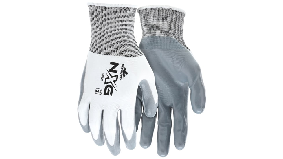 MCR Safety NXG Work Gloves, 15 Gauge Nylon Shell, Nitrile Coated Palm and Fingertips, Gray/White, X - Large, 9683XL