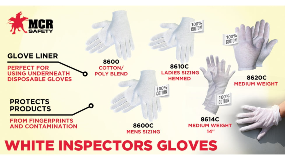 MCR Safety Long White Inspectors Gloves - Men's, Large, 14in, Straight Thumb, 8614C