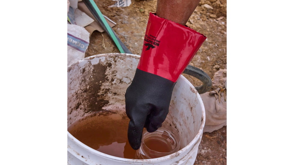MCR Safety PredaStretch Work Gloves, 18 Gauge Seamless Nylon Shell, Full PVC Nitrile Coating with Sandy Finish, 12in Gauntlet Cuff, Red and Black, Small, MG9648S