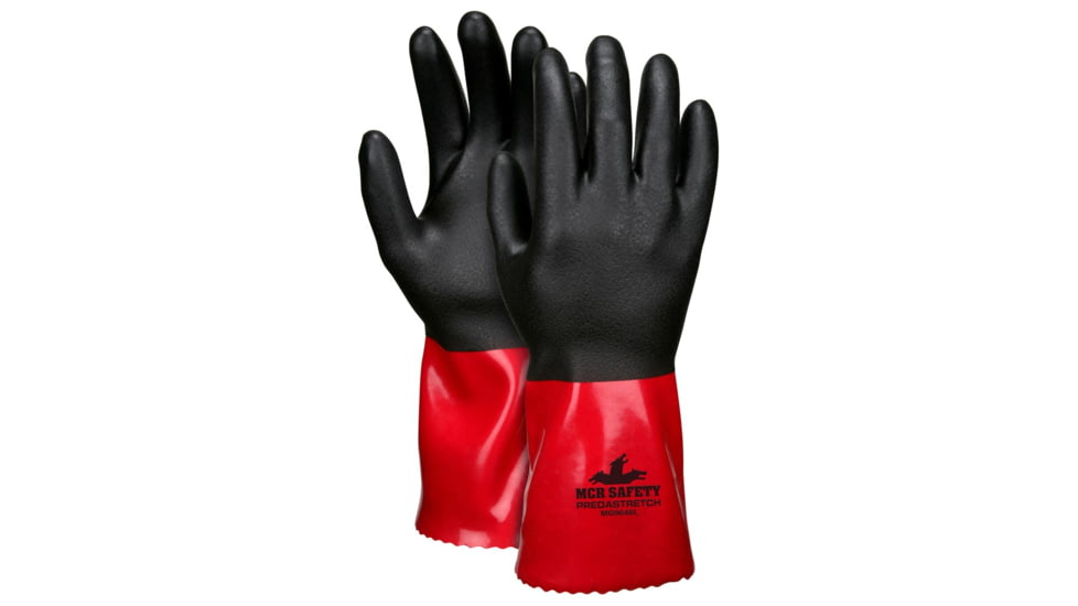 MCR Safety PredaStretch Work Gloves, 18 Gauge Seamless Nylon Shell, Full PVC Nitrile Coating with Sandy Finish, 12in Gauntlet Cuff, Red and Black, Small, MG9648S