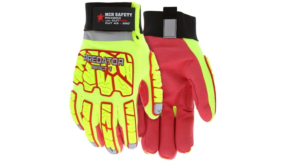 MCR Safety Predator Impact Mechanics Hi-Visibility Leather Palm Work Gloves, Lime/Red, Large, PD4903L