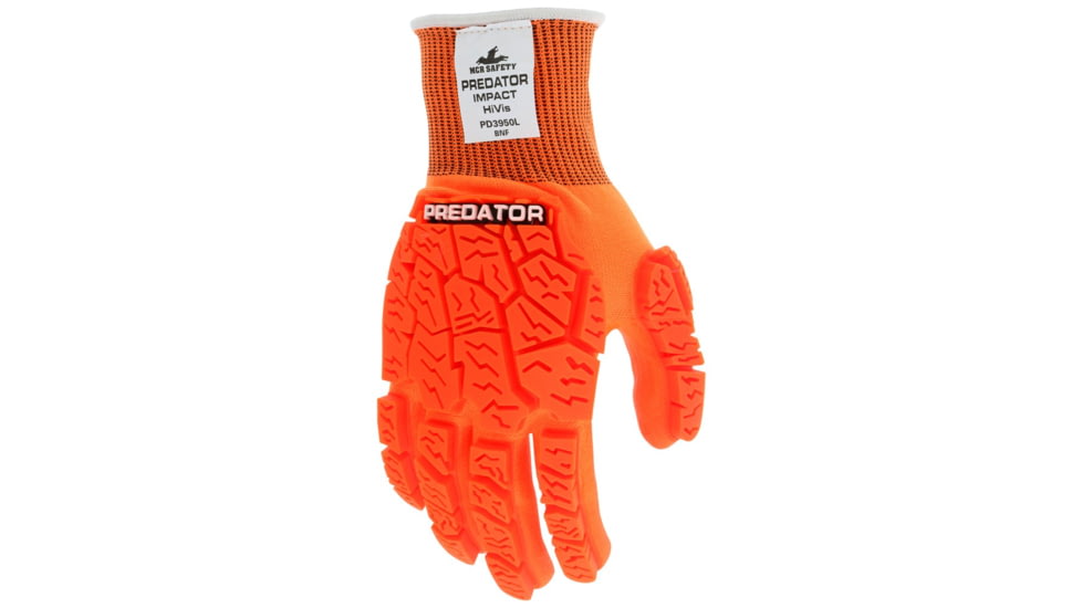 MCR Safety Predator Mechanics Hi-Vis Impact Resistant Work Gloves, Tire Tread TPR on Back, Fingers, and Thumb, Breathable Nitrile Palm adds Wet and Dry Grip, Orange, Large, PD3950L