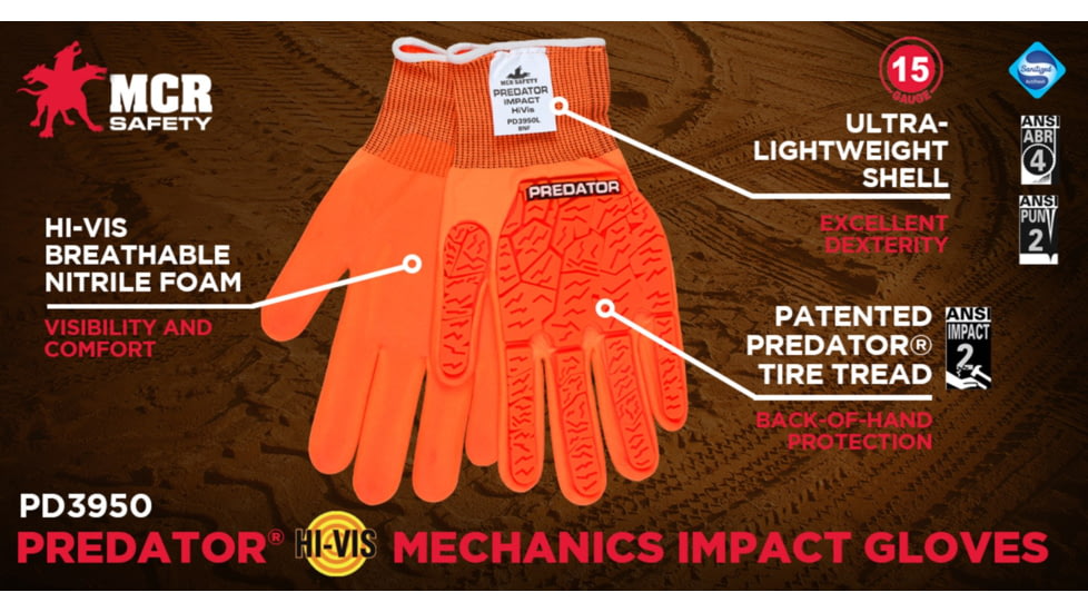 MCR Safety Predator Mechanics Hi-Vis Impact Resistant Work Gloves, Tire Tread TPR on Back, Fingers, and Thumb, Breathable Nitrile Palm adds Wet and Dry Grip, Orange, Large, PD3950L