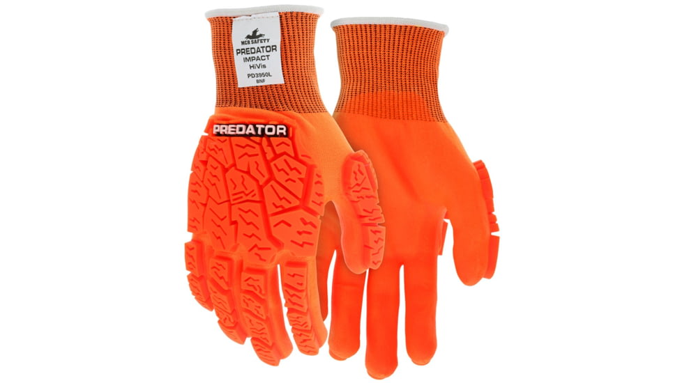 MCR Safety Predator Mechanics Hi-Vis Impact Resistant Work Gloves, Tire Tread TPR on Back, Fingers, and Thumb, Breathable Nitrile Palm adds Wet and Dry Grip, Orange, Large, PD3950L