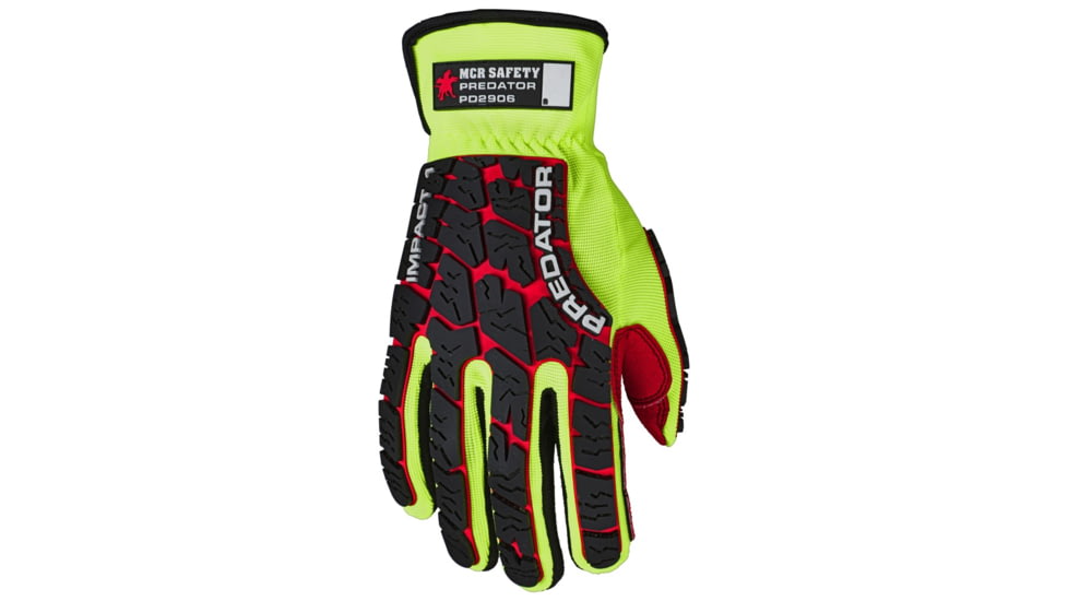 MCR Safety Predator Mechanics Work Gloves, Textured PVC Coated Palm, Tire Tread Pattern TPR Back of Hand Protection, Slip on Wrist with ID Pad, Red/Green, Small, PD2906S