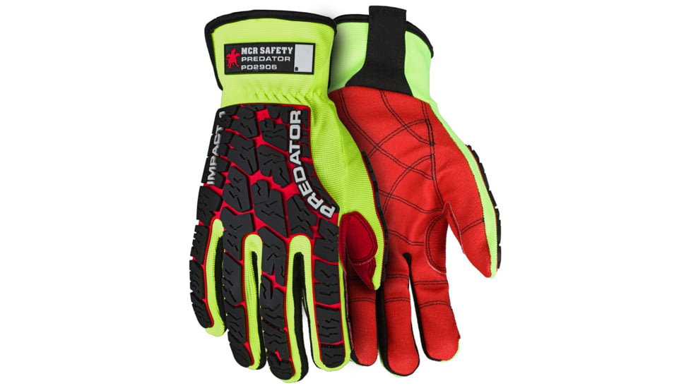 MCR Safety Predator Mechanics Work Gloves, Textured PVC Coated Palm, Tire Tread Pattern TPR Back of Hand Protection, Slip on Wrist with ID Pad, Red/Green, Small, PD2906S