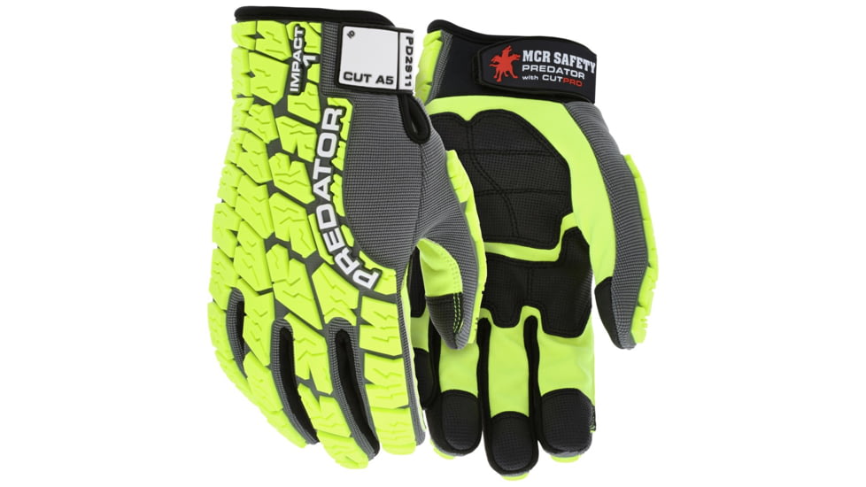 MCR Safety Predator Mechanics Work Impact Resistant Gloves, Synthetic Leather Palm, MAXGrid Palm and Fingers, Tire Tread Pattern TPR on Spandex Back, HyperMax Cut Resistant Palm Liner, Lime, XX - Large, PD2911XXL