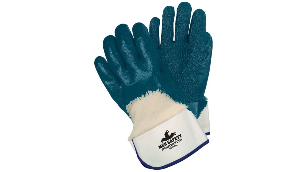 MCR Safety Predator Series Over the Knuckle Rough Nitrile Coated Work Gloves, Safety Cuff and Jersey Lining, Treated with ActiFresh, Blue/White, Large, 9760R