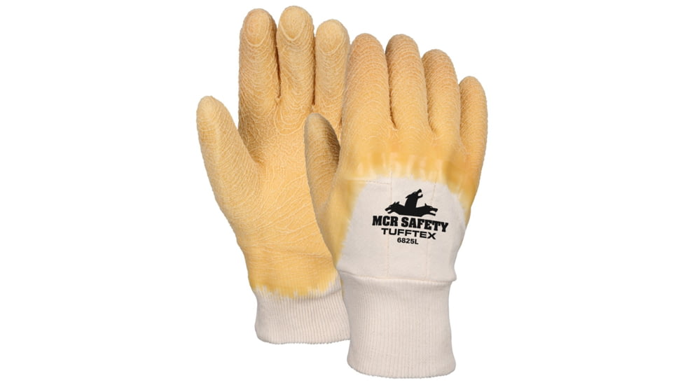 MCR Safety Premium Tufftex Series Rubber Coated Canvas Work Gloves, Crinkle Texture Finish, Comfortable Knit Wrist, Yellow/Natural, Large, 6825