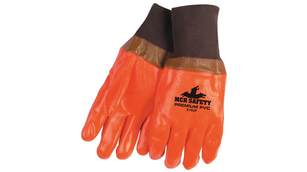 MCR Safety PVC Coated Insulated Work Gloves, Single Dipped Hi-Vis Smooth PVC, Foam Lined, Comfortable Knit Wrist, Orange, Large, 6702F