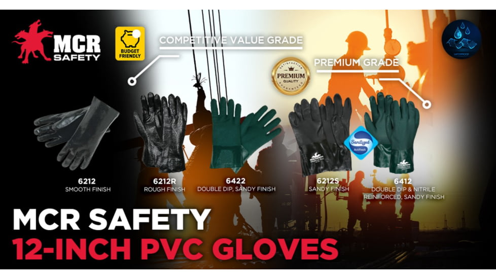 MCR Safety PVC Coated Work Gloves, Single Dipped with Smooth PVC, Soft Interlock Lining, 12in Length, Black, Large, 6212