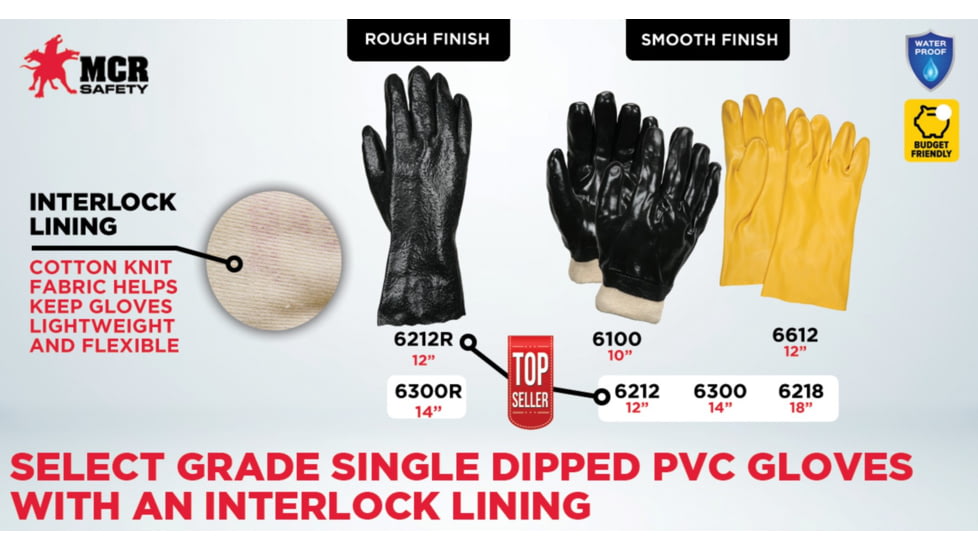 MCR Safety PVC Coated Work Gloves, Single Dipped with Smooth PVC, Soft Interlock Lining, 12in Length, Black, Large, 6212