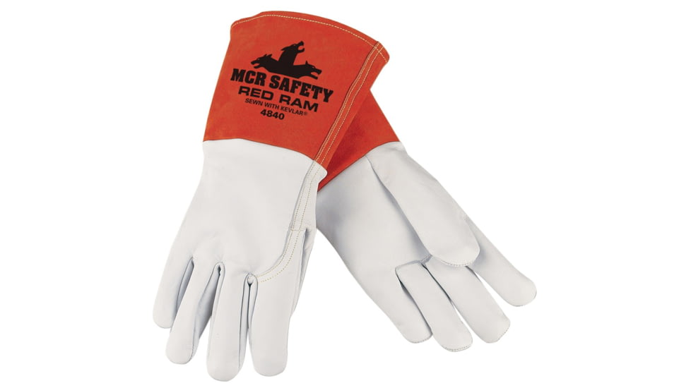 MCR Safety Red Ram Leather Welding Work Gloves, Premium Grain Goatskin Leather, 5in Split Cowhide Leather Cuff, White and Russet, Large, 4840L